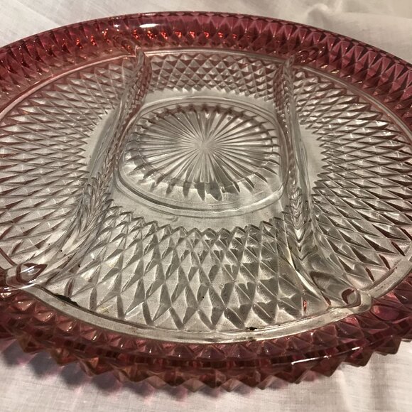 Vintage Indiana Glass Diamond Cut Glass Relish Tray With Ruby Rim 3 Sections 12" - Picture 5 of 9